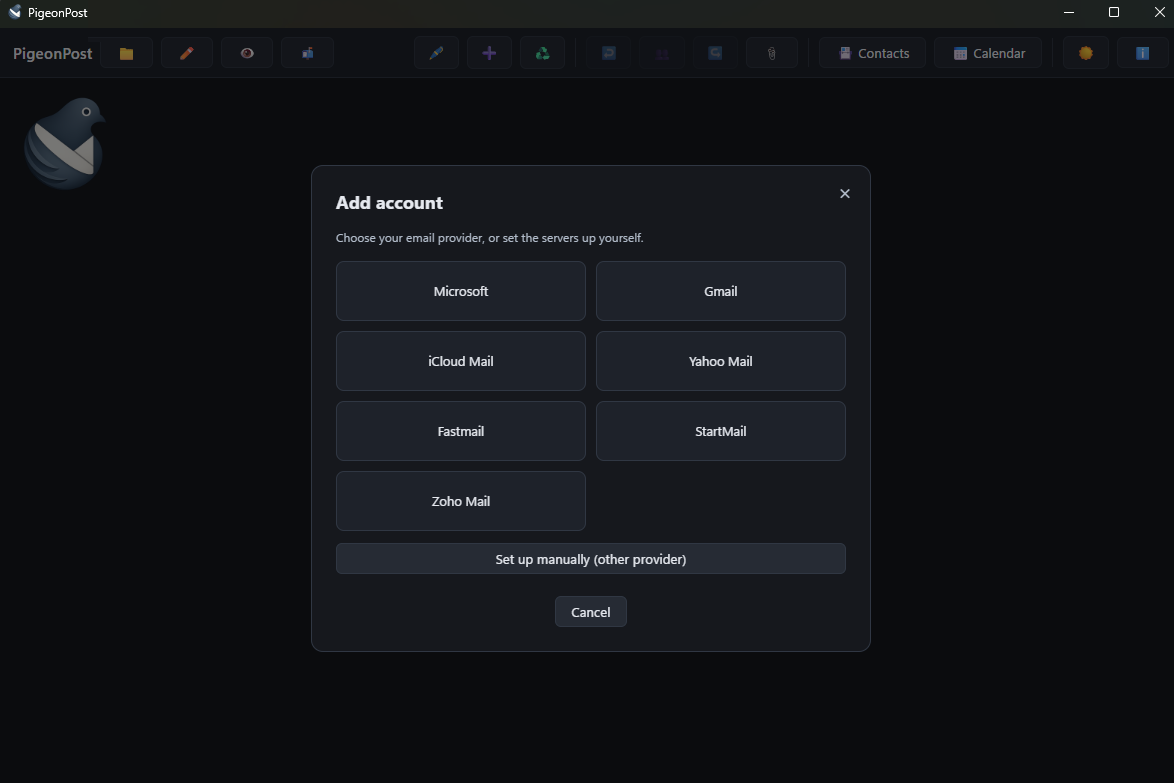 PigeonPost in dark mode: the add-account provider chooser over the main window, whose toolbar includes Contacts and Calendar.
