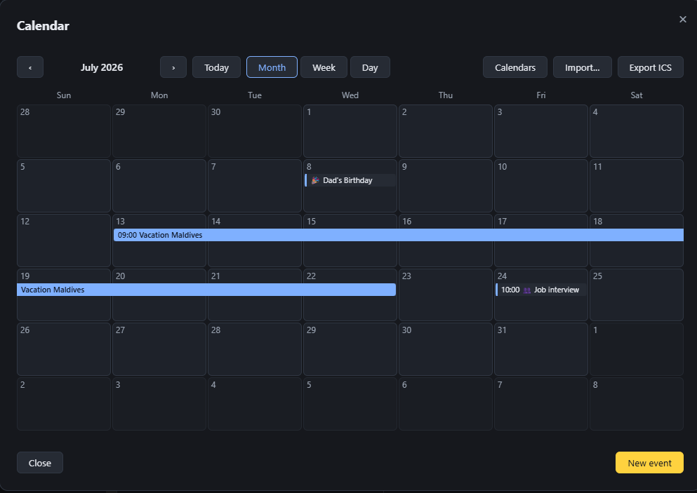 The calendar month view, showing a multi-day Vacation event as one continuous bar spanning two week rows, alongside single-day events with emoji categories.