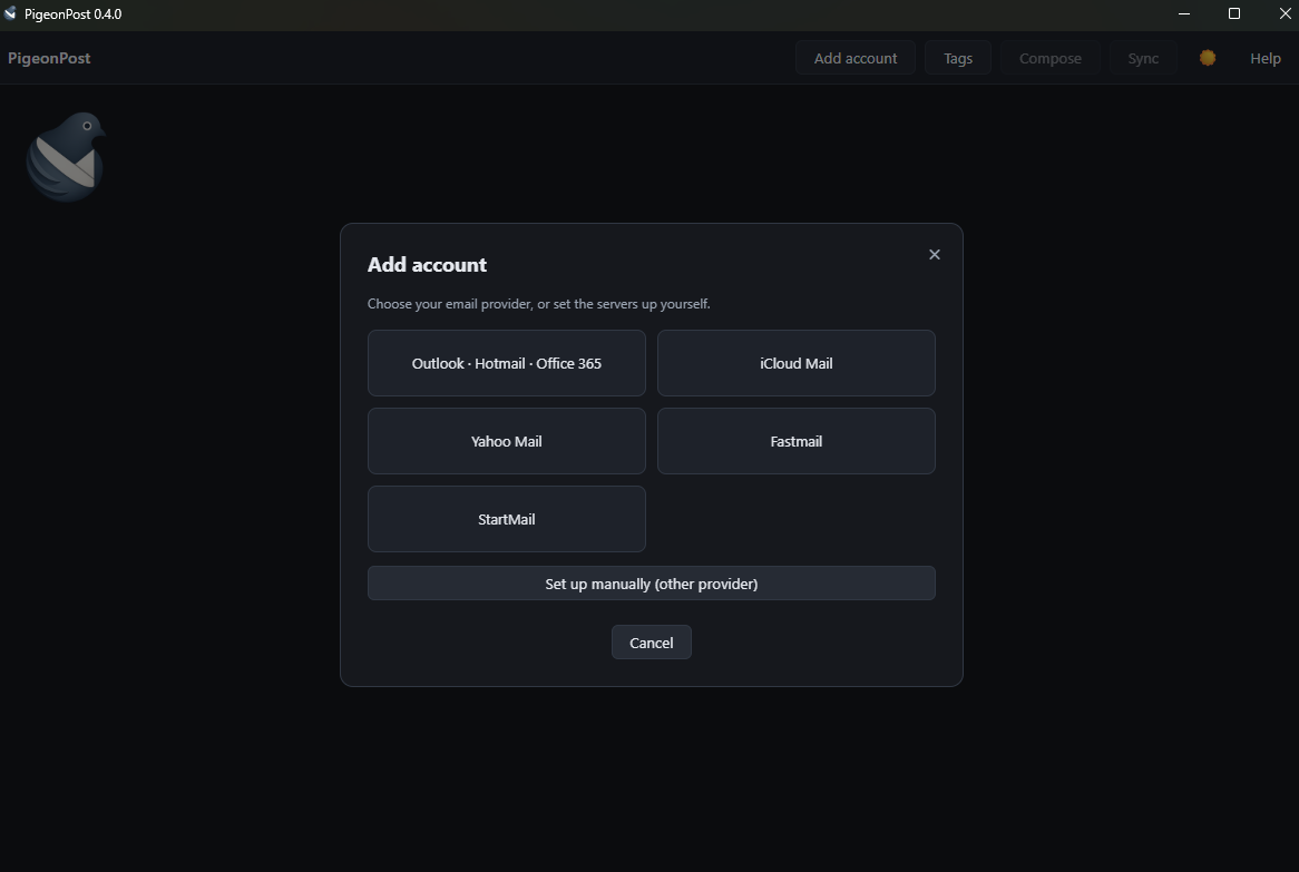 PigeonPost in dark mode showing the account setup screen: choose a provider (Outlook, iCloud, Yahoo, Fastmail or StartMail) or set the servers up manually.